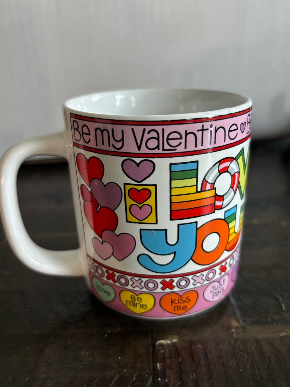 Vintage 1983 Enesco love and stuff mug by Courtney Davis | Candy Hearts Pop Art